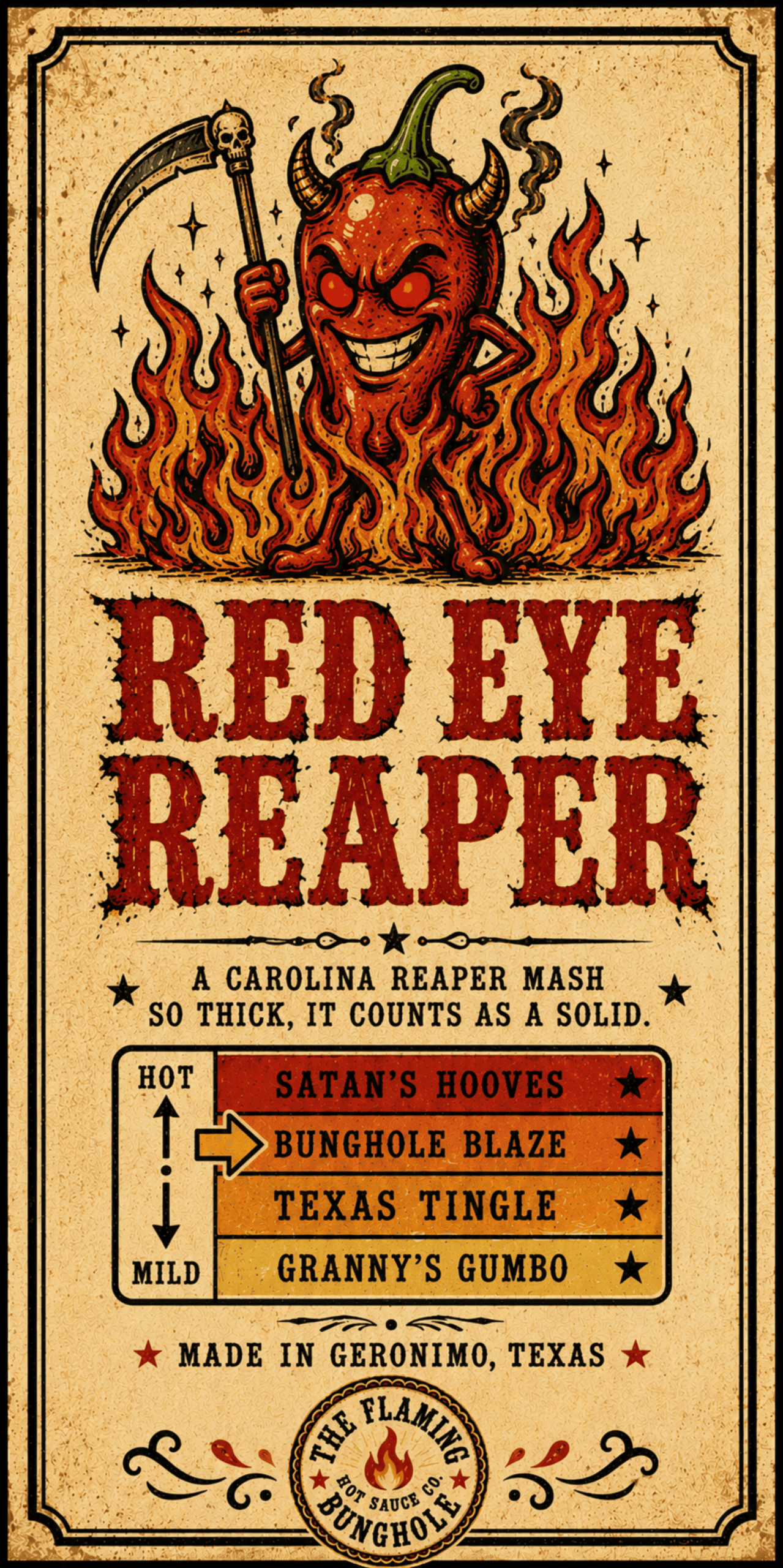 The Flaming Bunghole Hot Sauce Co Red Eye Reaper-label