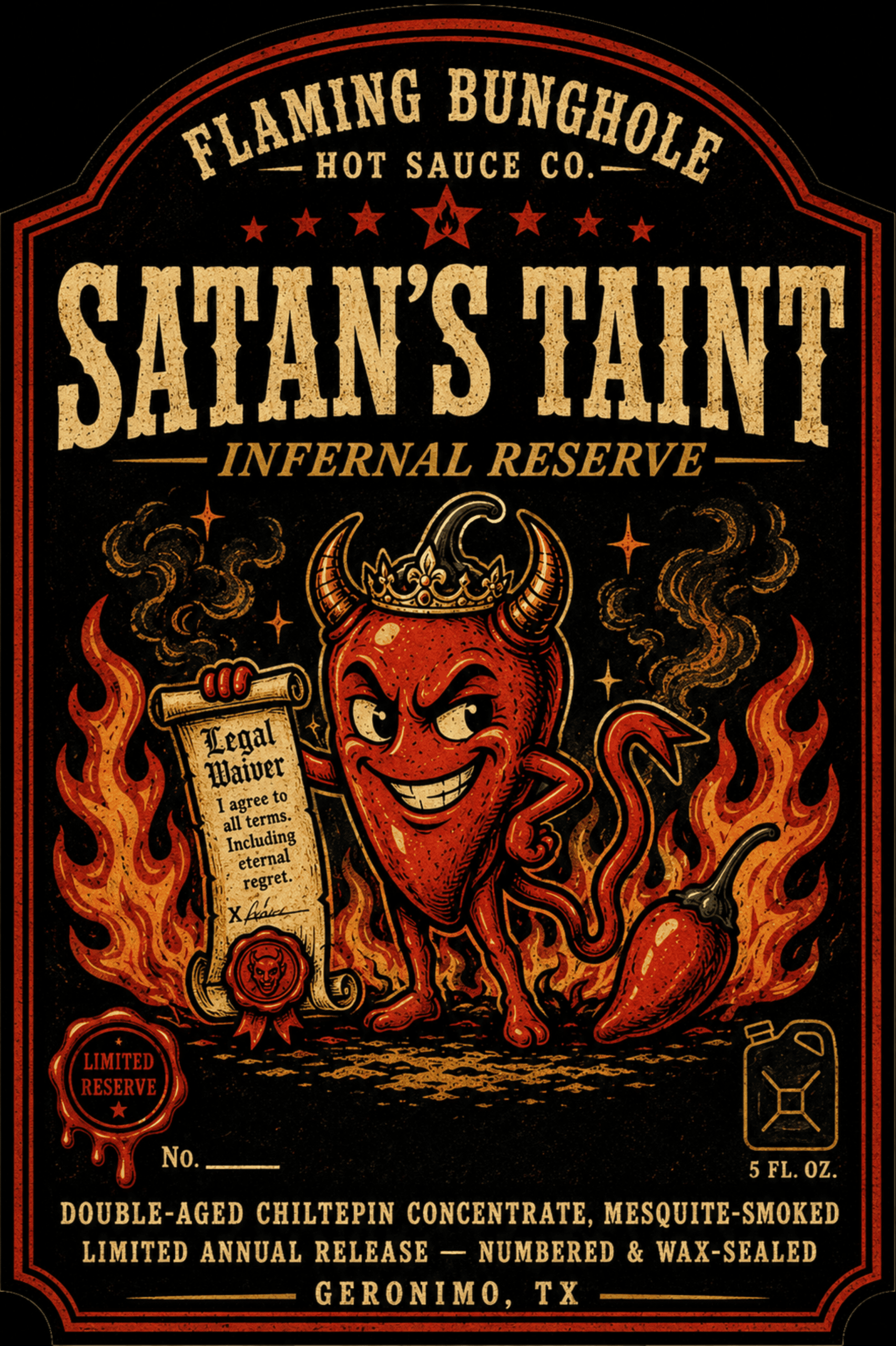 The Flaming Bunghole Hot Sauce Co Satan's Taint- Infernal Reserve-label