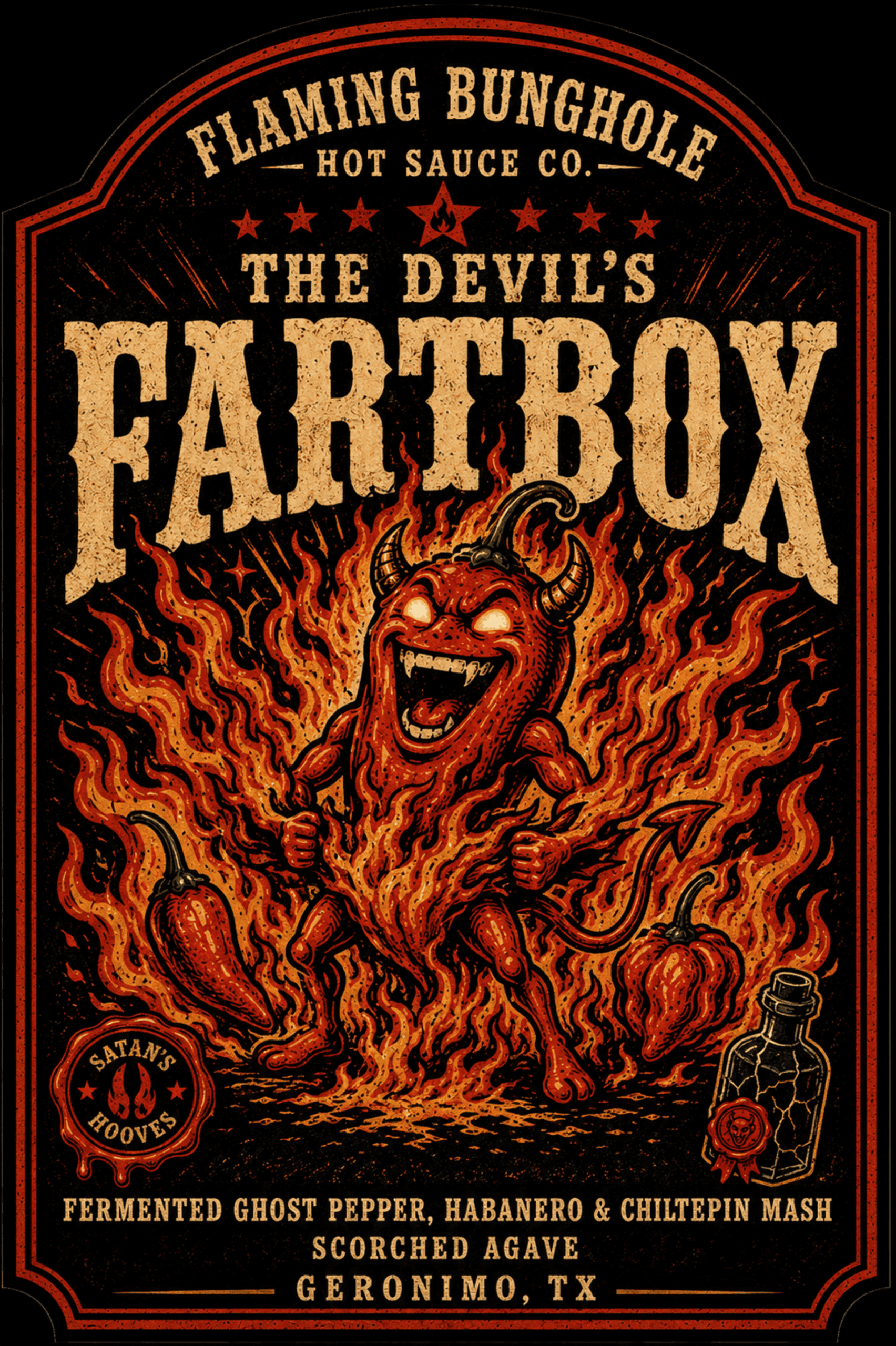 The Flaming Bunghole Hot Sauce Co The Devil's FartBox-label