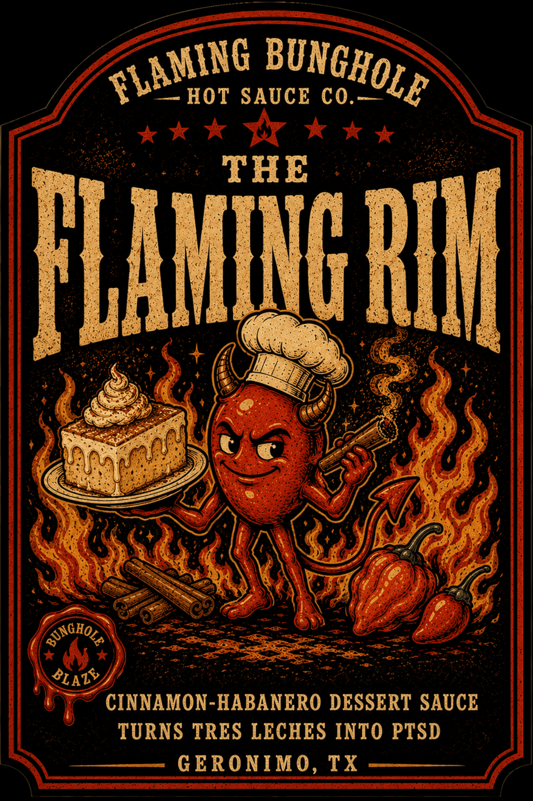 The Flaming Bunghole Hot Sauce Co The Flaming Rim-label