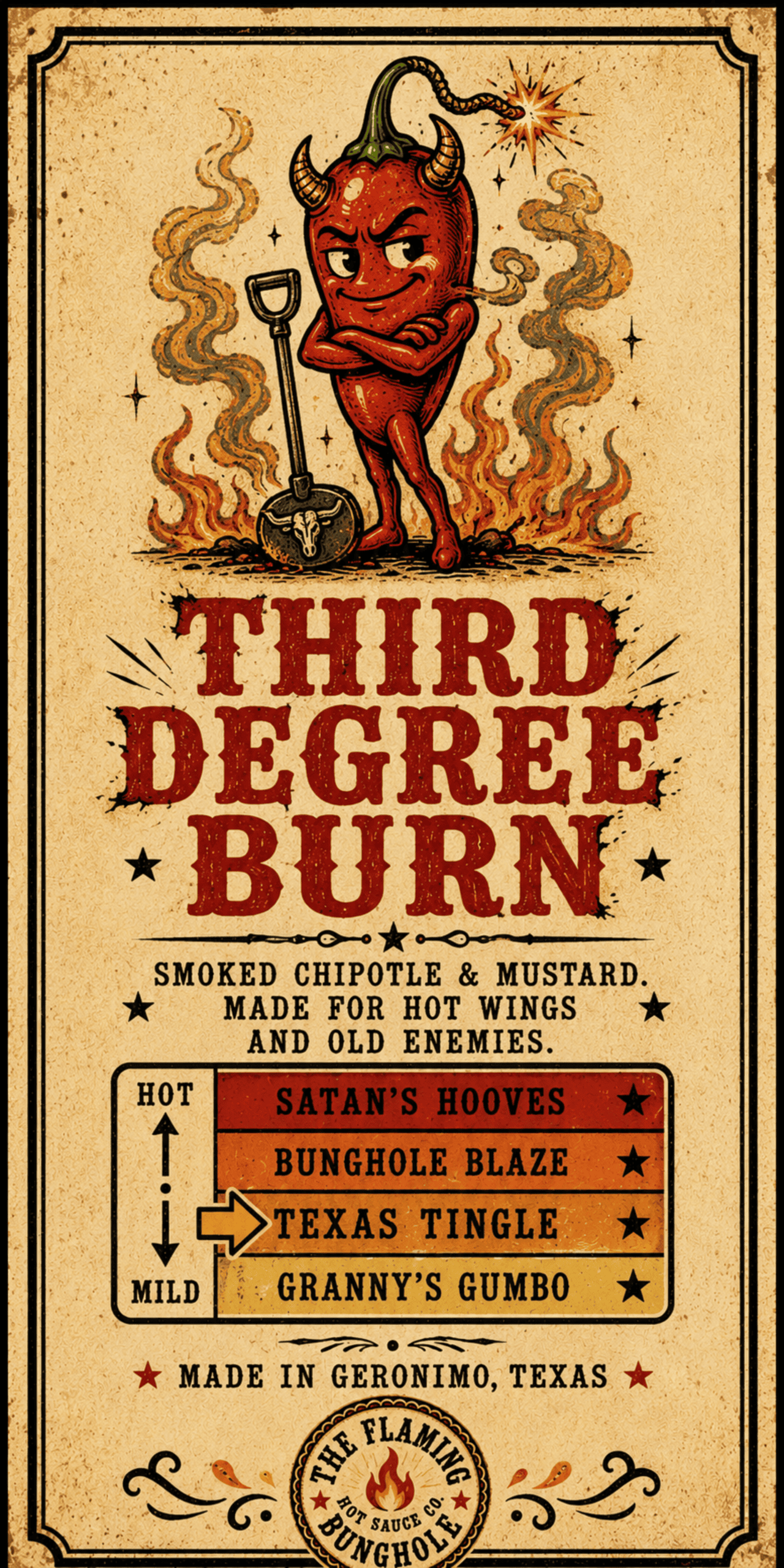 The Flaming Bunghole Hot Sauce Co Third Degree Burn-label